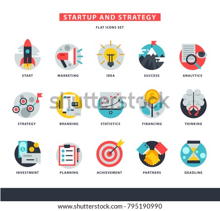 Startup business icons vector start up strategy marketing idea innovation or businessplanning illustration of rocket or light bulb isolated on white background