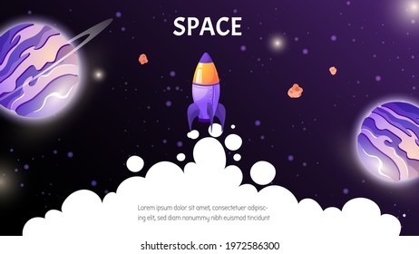 Startup business idea background for landing page template, rocket banner with cloud, planet, satellite and space for text. Vector cartoon illustration in game style