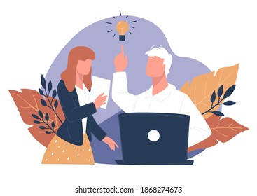 Startup business idea, brainstorming man and woman at working thinking on company development. Successful strategy and planning, discussion at work. IT specialists finding task solution, vector