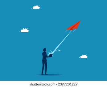 Startup business idea. Businessman launches paper rocket from laptop. vector 