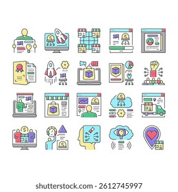Startup Business Idea Launching Icons Set Vector. Planning Strategy And Launch Startup Company, Businessman Presentation Plan And Reporting Achievement Line. Product Patent Color Illustrations
