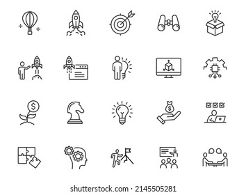 Startup business idea line icon. Strategy start project rocket creative brain vector plan startup launch technology