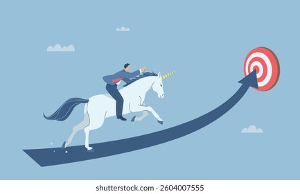 Startup business idea, Unicorn business start up inspiration, Businessman riding unicorn running following arrow to target, Success concept, Flat vector design illustration.
