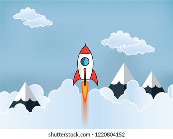 startup and business ideas with Rocket flies up to the sky. Design and style of paper craft. business Infographics concept vector graphics concept