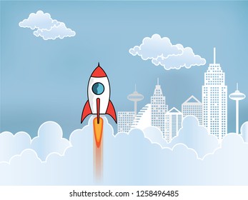 startup and business ideas with Rocket flies up to the sky. Design and style of paper craft. business Infographics concept vector graphics concept