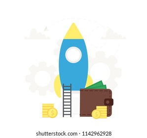 Startup business illustration. Rocket launch to the sky, start up concept and exploration idea. Wallet, coins, money