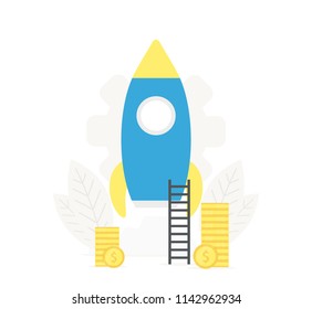 Startup business illustration. Rocket launch to the sky, start up concept and exploration idea. Coins, money