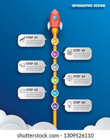 Startup business infographics with 6 data template. Vector illustration abstract rocket paper art on blue background.