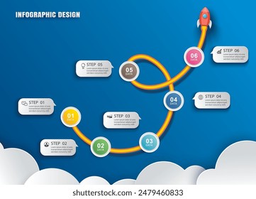 Startup business infographics with 6 data template. Illustration abstract rocket paper art on blue background.