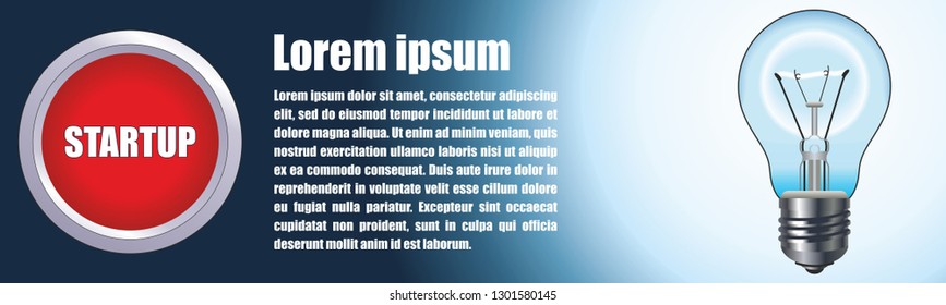 Start-up - Business and Innovation Concept, Creative start concept. Realistic lamp with a bright light on an dark-blue background