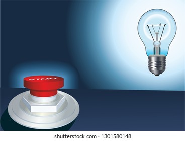 Start-up - Business and Innovation Concept, Creative start concept. Realistic lamp with a bright light on an dark-blue background
