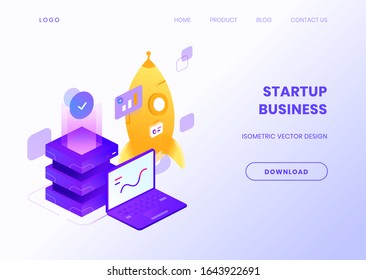 Startup Business Isometric Illustration in Website Header Mockup