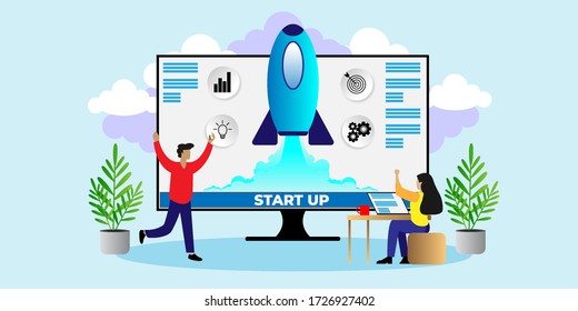 Startup Business Landing Page. New Project Banner with Flat People Characters Launching Rocket. Startup Concept. Vector illustration