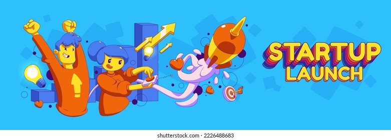 Startup business launch banner template. Contemporary vector illustration of funny characters pushing button to fire rocket, illuminated light bulbs, growth arrows. Creative idea implementation