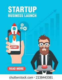 Startup business launch concept design flat with businessman holding start button. Vector illustration