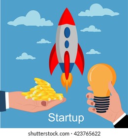 startup and business launch concept, hand holding money and bright ideas, vector illustration