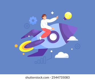 startup business launch concept. publishing a project. business development and improvement. illustration of a businessman or entrepreneur riding a flying rocket. flat style design. elements
