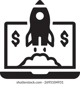 Ícone de lançamento de negócios de inicialização foguete tela do laptop. O dólar assina o crescimento financeiro da oportunidade de investimento. Conceito de empreendimento on-line de transformação digital