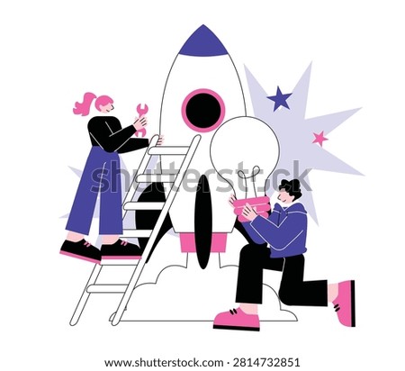 Startup Business Launch with Rocket Innovation and Team Collaboration Flat Vector Illustration