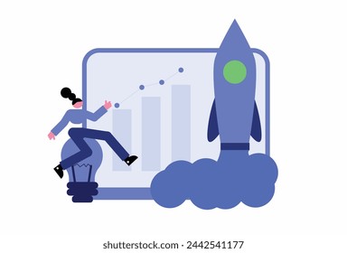 Start-up business, launching business, launching product. The concept illustration of a laptop, idea, and rocket launching depicts start-up business