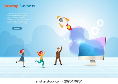 Startup business launching rocket from computer screen with happy people. Business startup with partnership and financial investment concept.