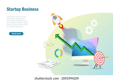 Startup business launching rocket from computer screen with growth graph and direct target. Business startup and digital marketing concept.