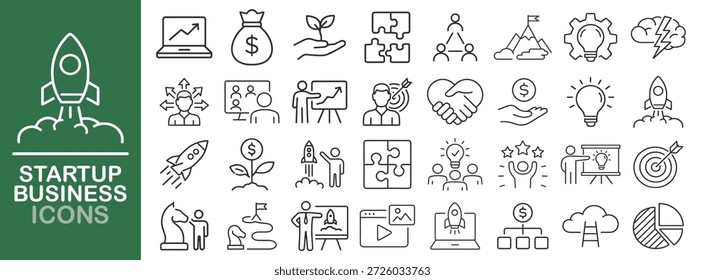 Startup business line icon set, rocket, idea, growth, strategy, teamwork, finance symbols, outline vector collection on transparent background