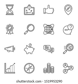 Startup business line icons set. linear style symbols collection, outline signs pack. vector graphics. Set includes icons as tactic strategy board, promotion, money savings, feedback, financial graph