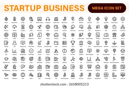 Startup business line icons set. Editable stroke business symbols. Innovation, growth, idea, and strategy icon collection. Thin line vector set for development.