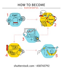 Startup business line poster step by step go from idea to target colored vector illustration