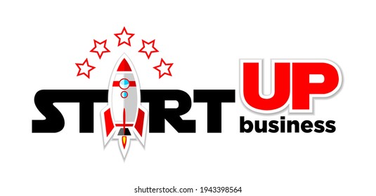 Concepto de logotipo de empresa de inicio. El cohete despega a las estrellas. Vector en fondo transparente