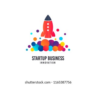 Startup business logo. Space rocket vector icon with dots. Creativity studio logo. Business company brand sign. Minimalistic modern startup graphic logotype. Typography template.