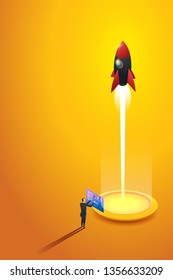 Startup business man launching a rocket analysis his company growth. isometric concept. illustration Vector