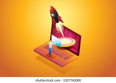 Startup business plan launching a rocket on laptop analysis his company growth and successful. isometric concept. illustration Vector