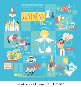 Startup Business Plan Strategic Schema With Infographic Elements Poster Of Marketing Analyzing  Teamwork Abstract Sketch Vector Illustration