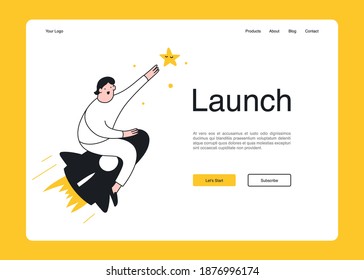 Startup business, product launch homepage concept. Cute cartoon man is sitting on the rocket and trying to catch the star. Flat line vector UI vector illustration. 