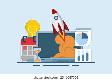 Startup business project concept, Startup business project, financial planning, idea, strategy, management, realization and success. Rocket launch from monitor. Flat vector illustration on background.