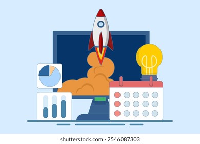 Startup business project concept, Startup business project, financial planning, idea, strategy, management, realization and success. Rocket launch from monitor. Flat vector illustration on background.