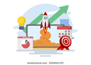 Startup business project concept, business project planning. Successful startup launch, business target development plan, startup business project, online survey, planning.