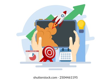 Startup business project concept, business project planning. Successful startup launch, business target development plan, startup business project, online survey, planning.
