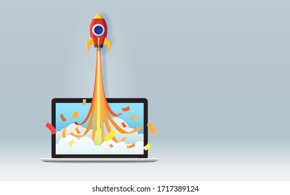 Startup business project concept with red origami rocket or space ship launch from laptop screen on gray background, Paper art and digital craft style, Vector illustration