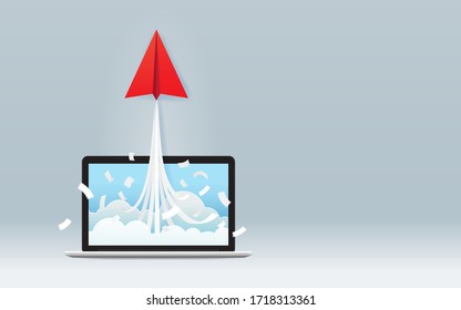 Startup business project concept with red paper plane flying from laptop screen on gray background, Paper art and digital craft style, Vector illustration