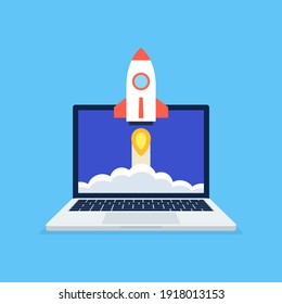 Startup business project concept with red rocket launch from laptop screen on blue background. Vector. 