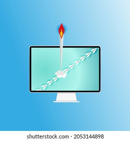 Startup business project concept with red paper plane flying from laptop screen on gray background, Paper art and digital craft style, Vector illustration
