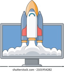 Startup business project concept with rocket launch from screen , Vector illustration