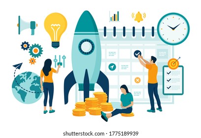 Inicio del proyecto de negocio. Idea a través de la planificación y la estrategia, la gestión del tiempo, la realización. Trabajo en equipo en el inicio. Iniciar el concepto con la nave espacial. Ilustración vectorial plana con caracteres.
