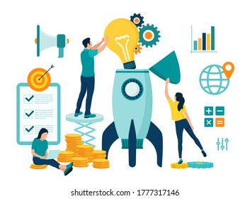Startup business project launch. Idea through planning and strategy, time management, realization. Teamwork in the startup. Start up concept with spaceship. Flat vector illustration with characters.