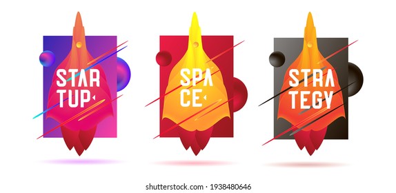 Startup business project leaflet or poster set with stylized illustration of the rocket ship flying outside of the box