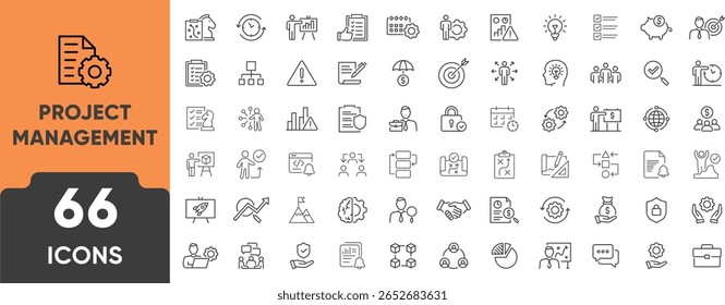 Startup, Business, Project, Management Line Icon Set. Set of 66 outline icons including planning, launch, teamwork, goals, timeline, tasks, and workflow. Editable stroke. Linear vector illustration.