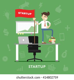 Startup business project process with entrepreneur flat abstract isolated vector illustration